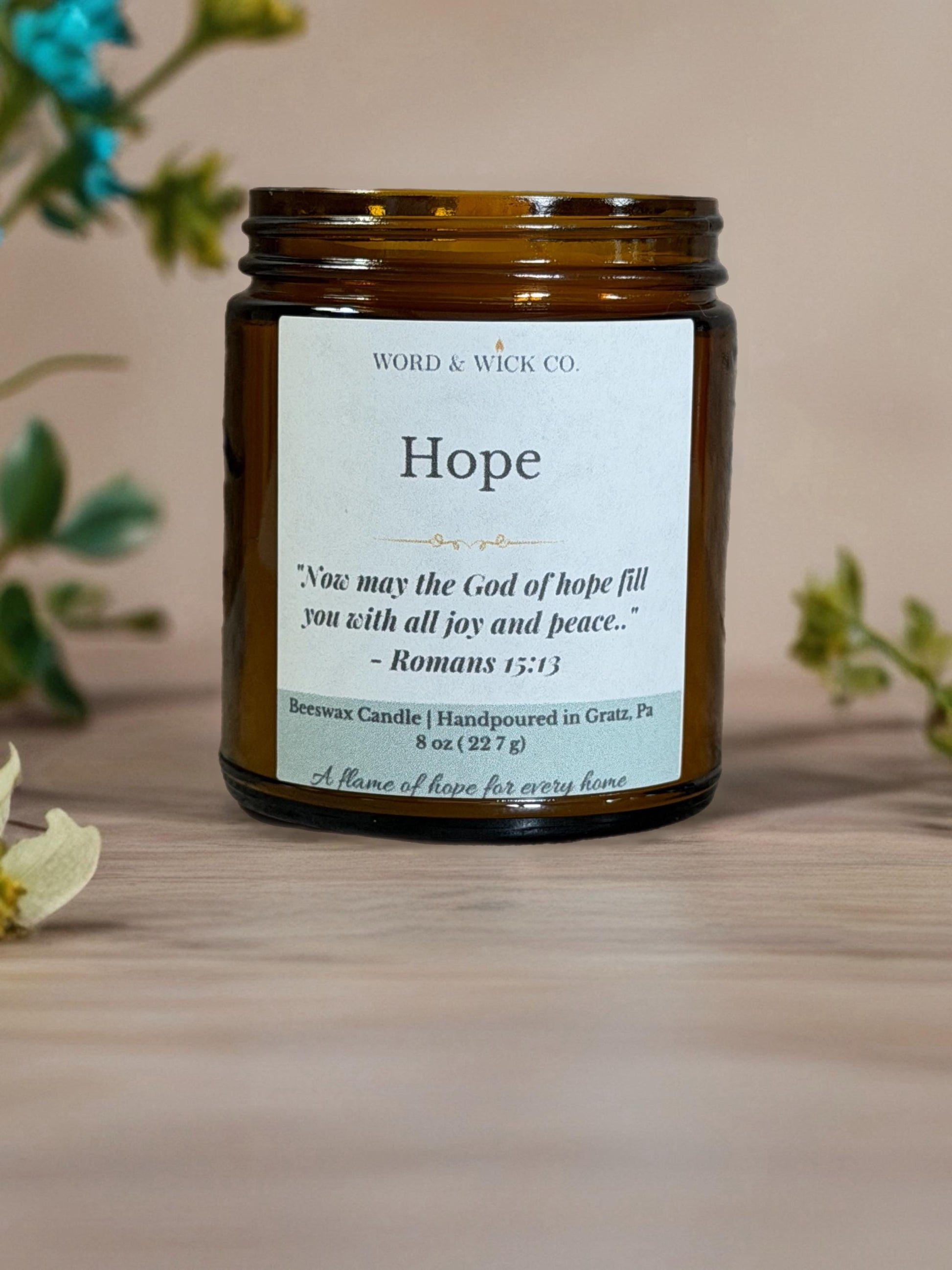 Beeswax Prayer Candle | Hope Scripture Candle | Christian Gift | Wood Wick | Non-Toxic | Romans 15:13 | Faith Gift for Her | Encouragement