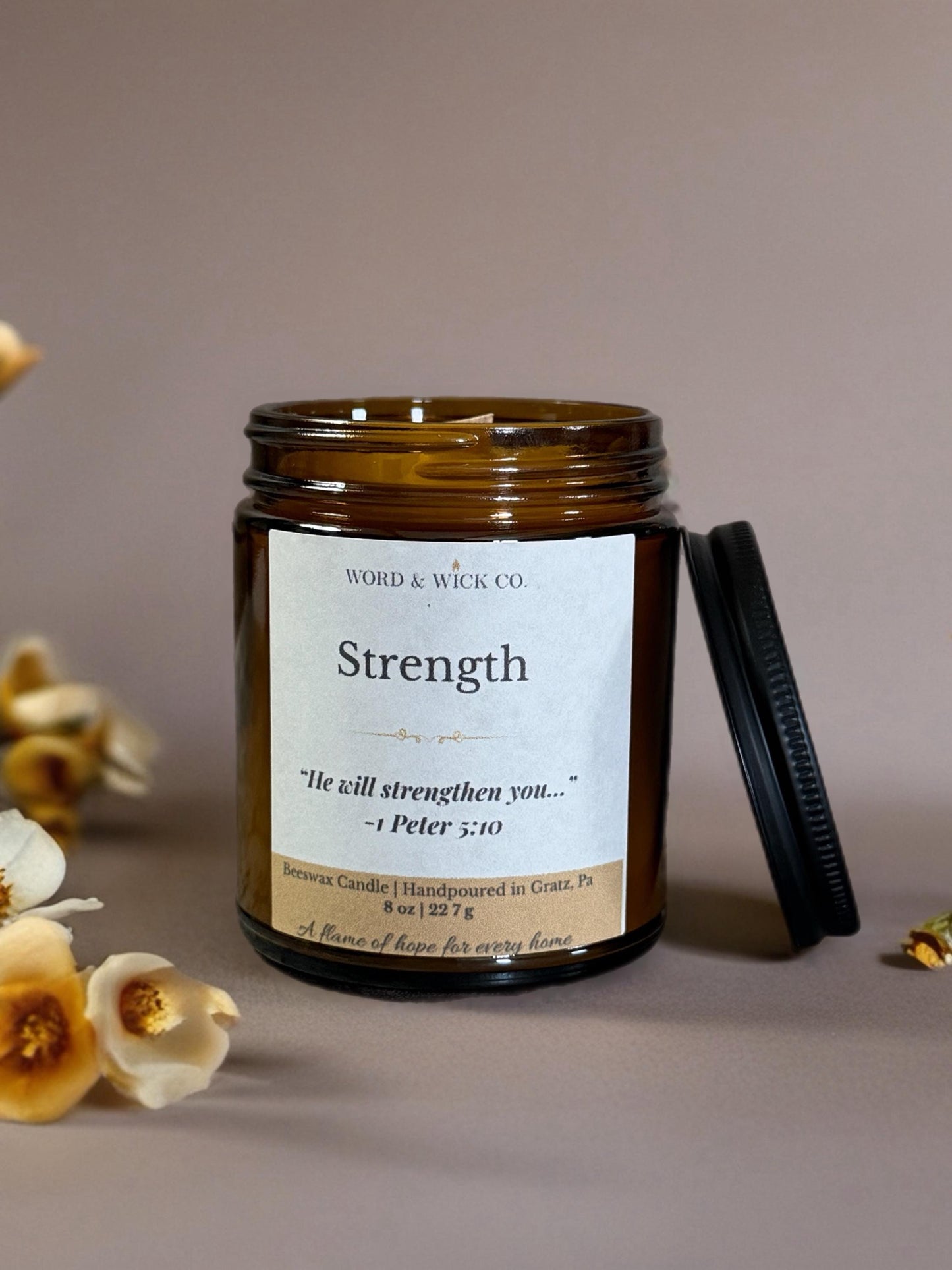 Beeswax Prayer Candle | Strength Scripture Candle | Wood Wick | Non-Toxic | 2 Corinthians 12:9 | Gift for Her | Encouragement Candle