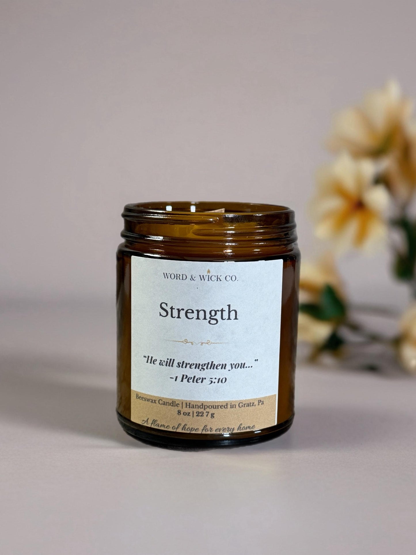Beeswax Prayer Candle | Strength Scripture Candle | Wood Wick | Non-Toxic | 2 Corinthians 12:9 | Gift for Her | Encouragement Candle
